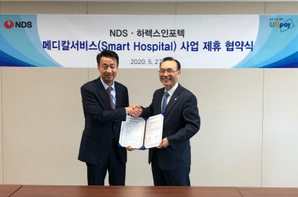 김중원 NDS 대표(왼쪽)와 박경양 하렉스인포텍 대표가 MOU 후 악수를 하고 있다. NDS 제공